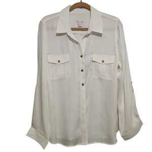 Chico's Women's‎ Button-Down Long Sleeve Cream Blouse Collared Top Size 2